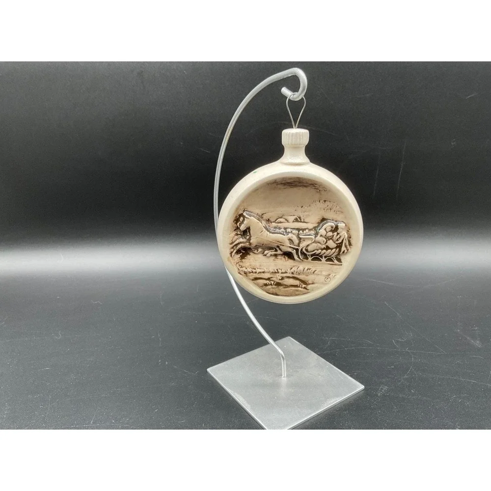 Vintage Round Ceramic Horse Sleigh Ornament Hanging Holiday Home Victorian Style